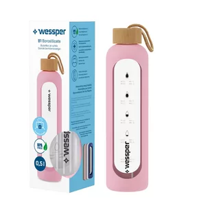 Wessper B1 Borosilicate 500 ml Szklana butelka na wodę z miarką motywacyjną z różowym etui - Butelki filtrujące - miniaturka - grafika 1