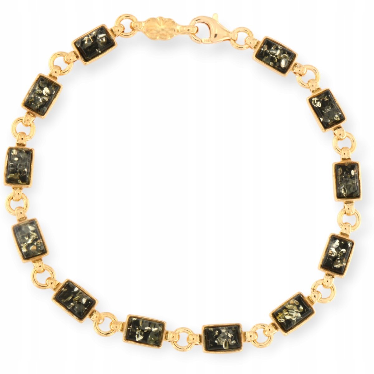 Bransoletka Srebro 925 - Bransoletka bursztynowa pozłacana zielona