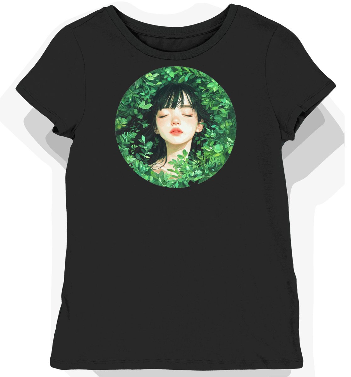 Koszulka damska czarna z motywem zielonych liści Harajuku XS