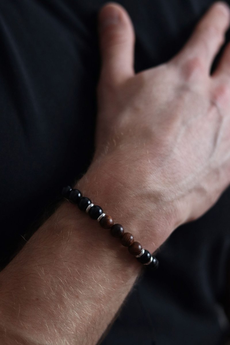 Bransoletka Męska Kamienie Onyksu z Drewnem