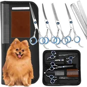 Maszynki i nożyczki dla psów - Zestaw do strzyżenia psów 4 nożyczki groomerskie grzebień, olejek, ściereczka etui - miniaturka - grafika 1