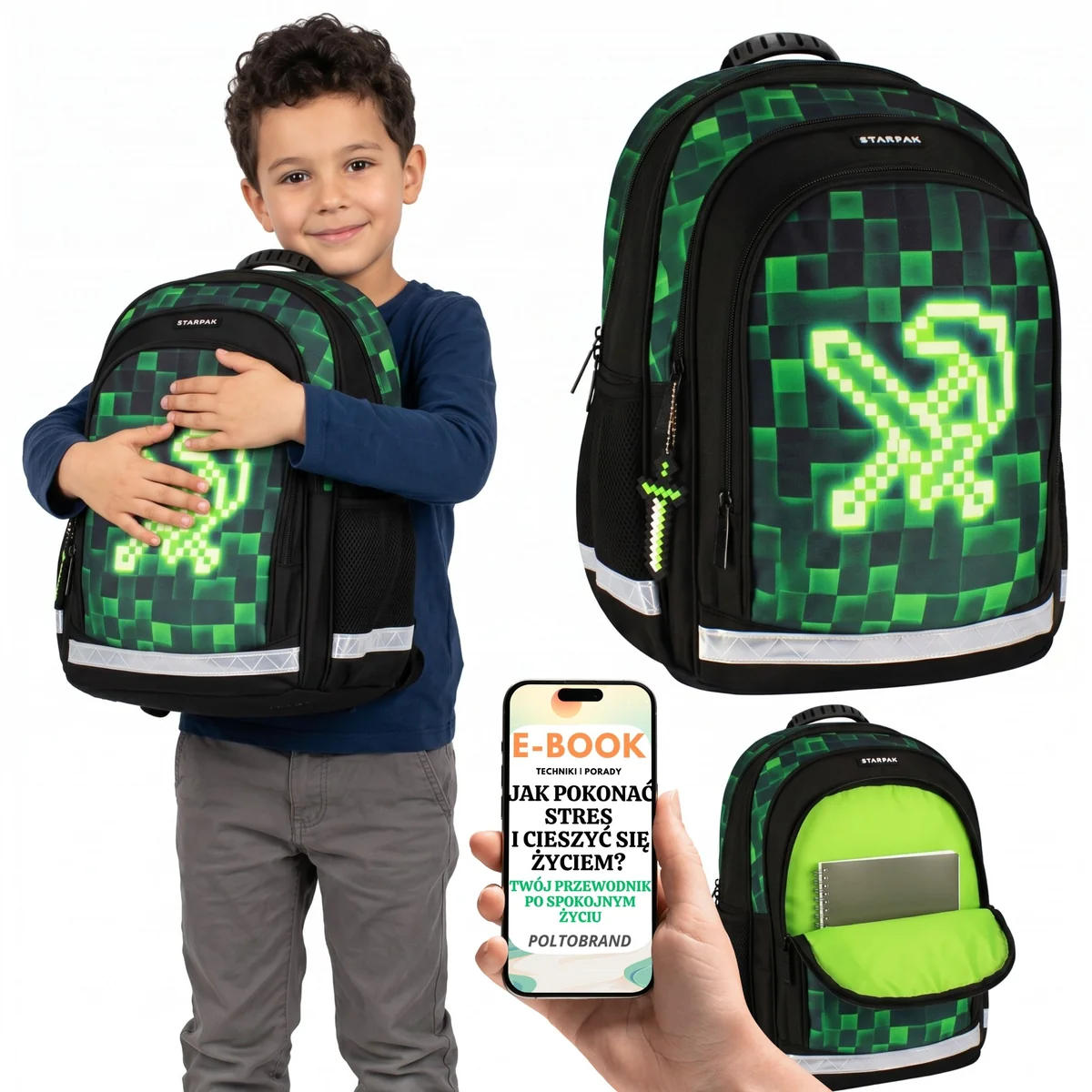 Plecak Szkolny Pixel Kilof Miecz Wodoodporny Ergonomiczny Plecak Do Szkoły Dla Chłopca + E-BOOK-1