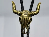 Krawaty i muchy męskie - BOLO KRAWAT Kowbojski Western Dziki zachód rzemyk stare złoto CZASZKA BYKA - miniaturka - grafika 1