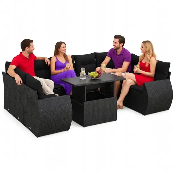 Zestaw mebli ogrodowych modułowych czarny z rattanem PE, 62x62x69 cm