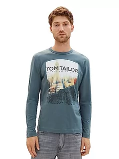 Koszulki męskie - TOM TAILOR Męska koszulka z długim rękawem z nadrukiem fotograficznym z bawełny, 32506-dusty dark teal, 3XL - grafika 1