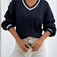 Swetry damskie - TEMU Sweter Damski z Dekoltem w Serek i Kolorowymi Blokami - Luźny Krój, Miękkie Rękawy z Opadającym Ramieniem, Pulower na Jesień/Zimę, Casualowy i - miniaturka - grafika 1