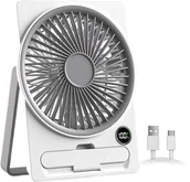 Wentylatory - Wentylator biurkowy z akumulatorem USB i wyświetlaczem LCD, ultracienka konstrukcja, idealny na kemping, w podróży i do użytku wewnątrz, biały - miniaturka - grafika 1