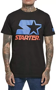 STARTER BLACK LABEL Męski T-shirt z nadrukiem z przodu i na rękawach, naszywka z logo na obszyciu, sportowy okrągły dekolt, dostępny w kolorze czarnym i białym, rozmiar S do XXL, czarny, S - Koszulki męskie - miniaturka - grafika 1