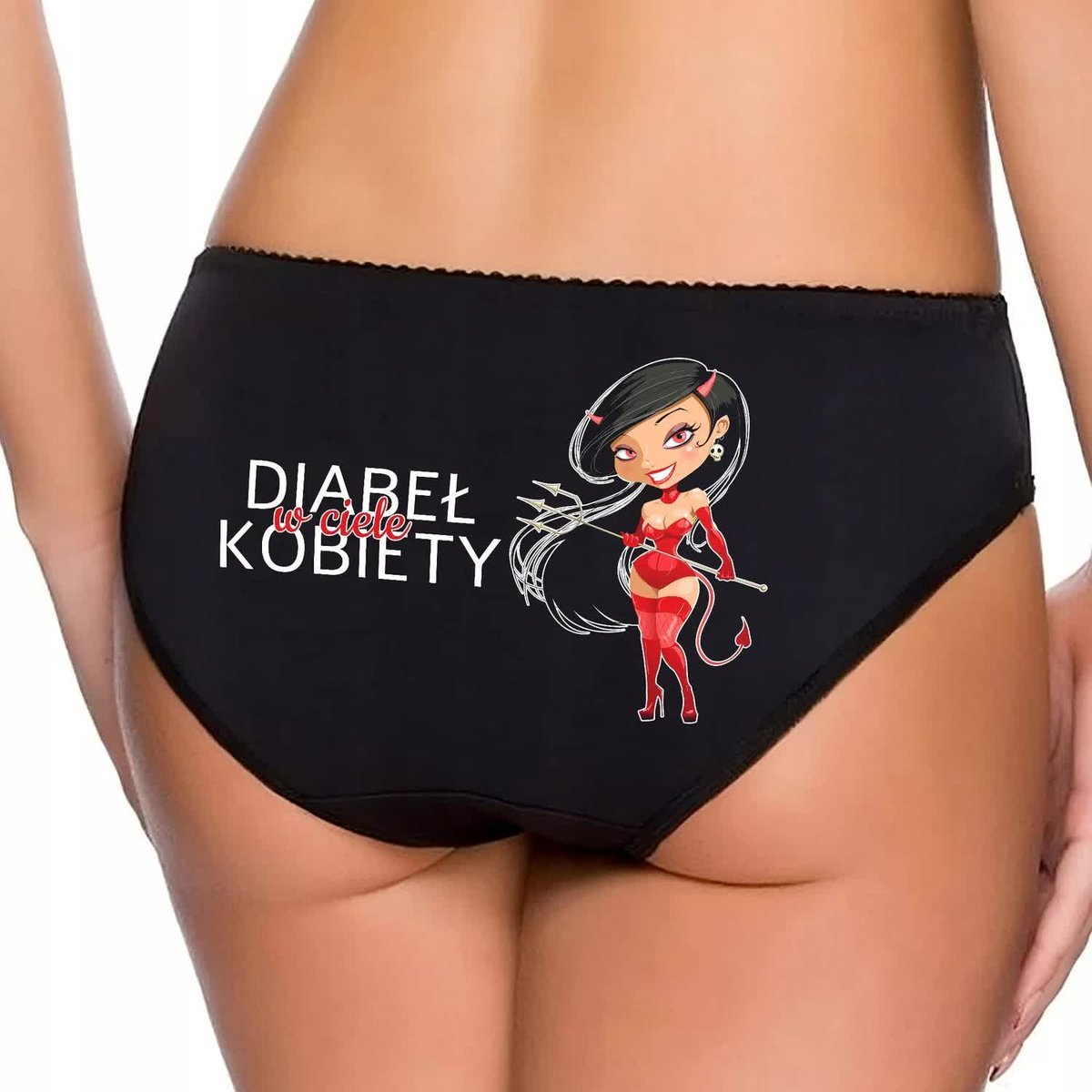 CZARNE MAJTKI Figi Prezent Na Walentynki DIABEŁ W CIELE KOBIETY Wz Roz XL