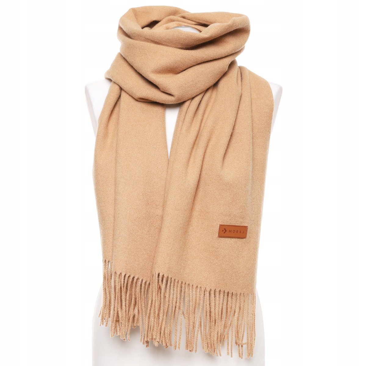 Modny Beżowy Szal Damski Ciepły Z Frędzlami Moraj