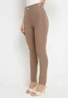 Legginsy - Ciemnobeżowe Legginsy z Wiskozą z Wysokim Stanem Zdobione Guzikiem z Cyrkoniami Nalette - miniaturka - grafika 1