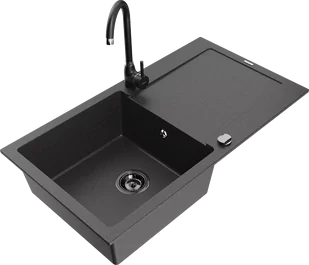 Mexen Leo zlewozmywak granitowy 1-komorowy z ociekaczem i baterią kuchenną Telma, czarny nakrapiany - 6501-76-670200-70-B - Zlewozmywaki z baterią - miniaturka - grafika 1