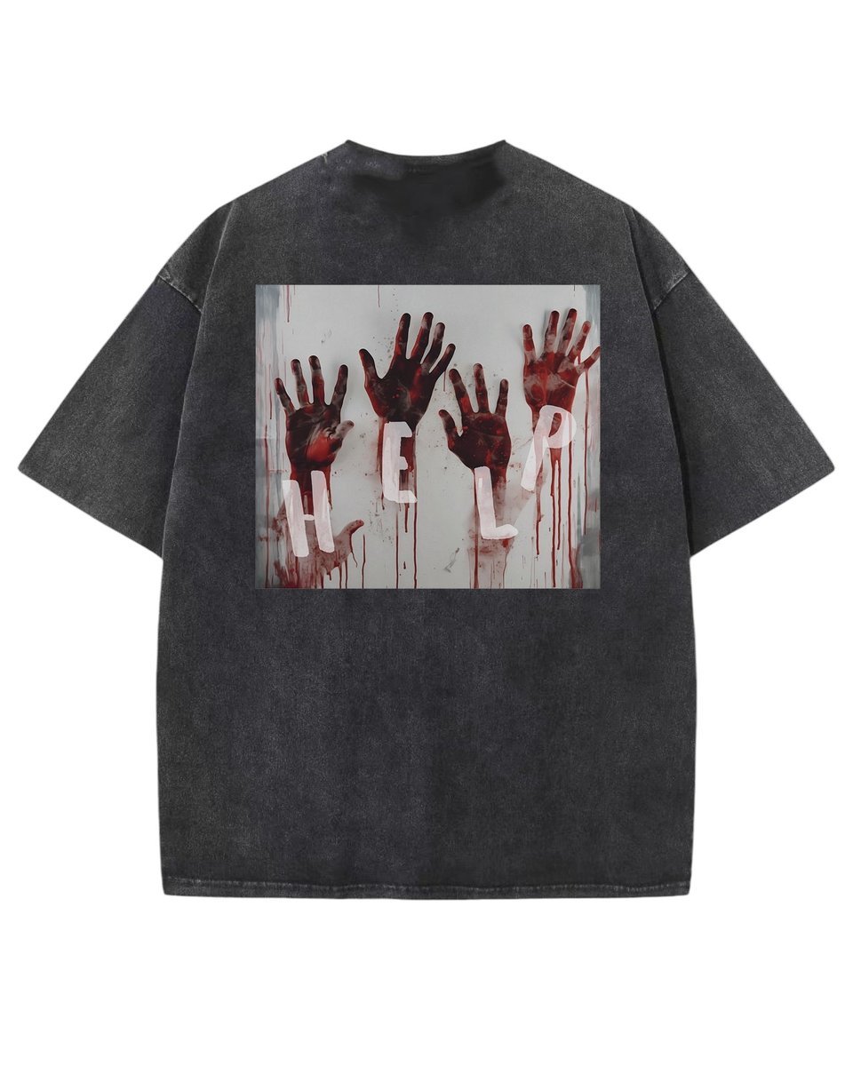 Męska koszulka oversize efekt sprania z napisem Pomocy Horror Czarna XXL