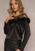 Bluzki damskie - Czarna Satynowa Bluzka z Siateczki i Falbankami Faelira - miniaturka - grafika 1