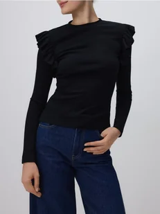 Reserved - Dzianinowy longsleeve z falbanami - czarny - Moda i Uroda OUTLET - miniaturka - grafika 1
