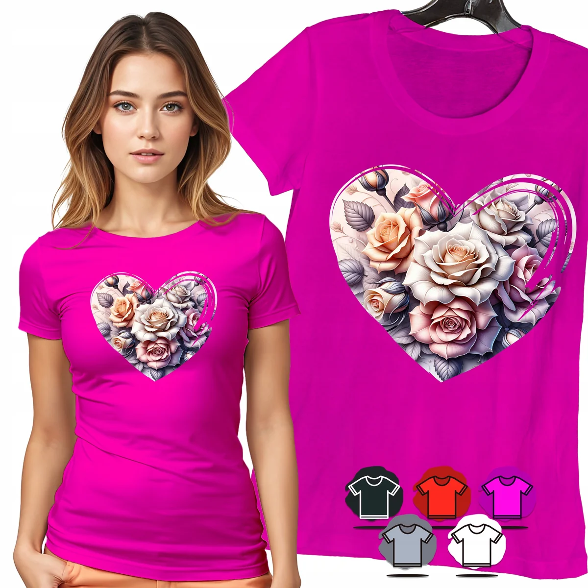 KOSZULKA DAMSKA T-SHIRT - SERCE Z RÓŻAMI PASTELOWE KWIATY WZÓR MODA - S
