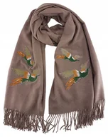 Apaszki i szaliki damskie - Szalik Damski Kaszmirowy w Beżowym Kolorze z Wzorem Ptaków - miniaturka - grafika 1