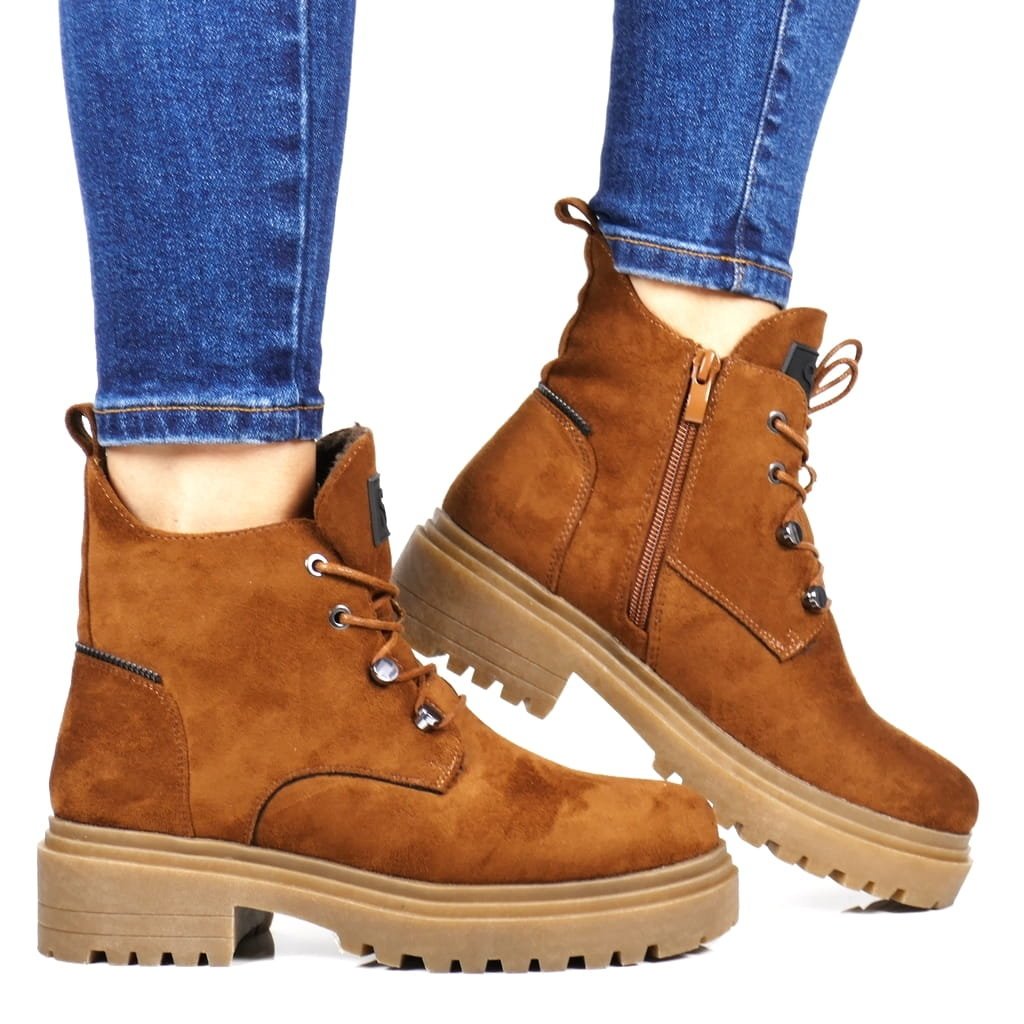 Damskie Trapery Botki Na Traperowej Podeszwie Sergio Leone Tr769 Camel Brązowe Zamszowe