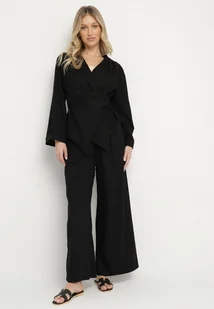 Czarny Komplet z Lnem w Eleganckim Stylu Koperowa Bluzka i Spodnie Koririssa - Komplety damskie - miniaturka - grafika 1