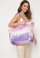 Torebki damskie - Fioletowa Torebka o Dużym Fasonie Tote z Ozdobnymi Napisami i Frędzlami Solatie - miniaturka - grafika 1