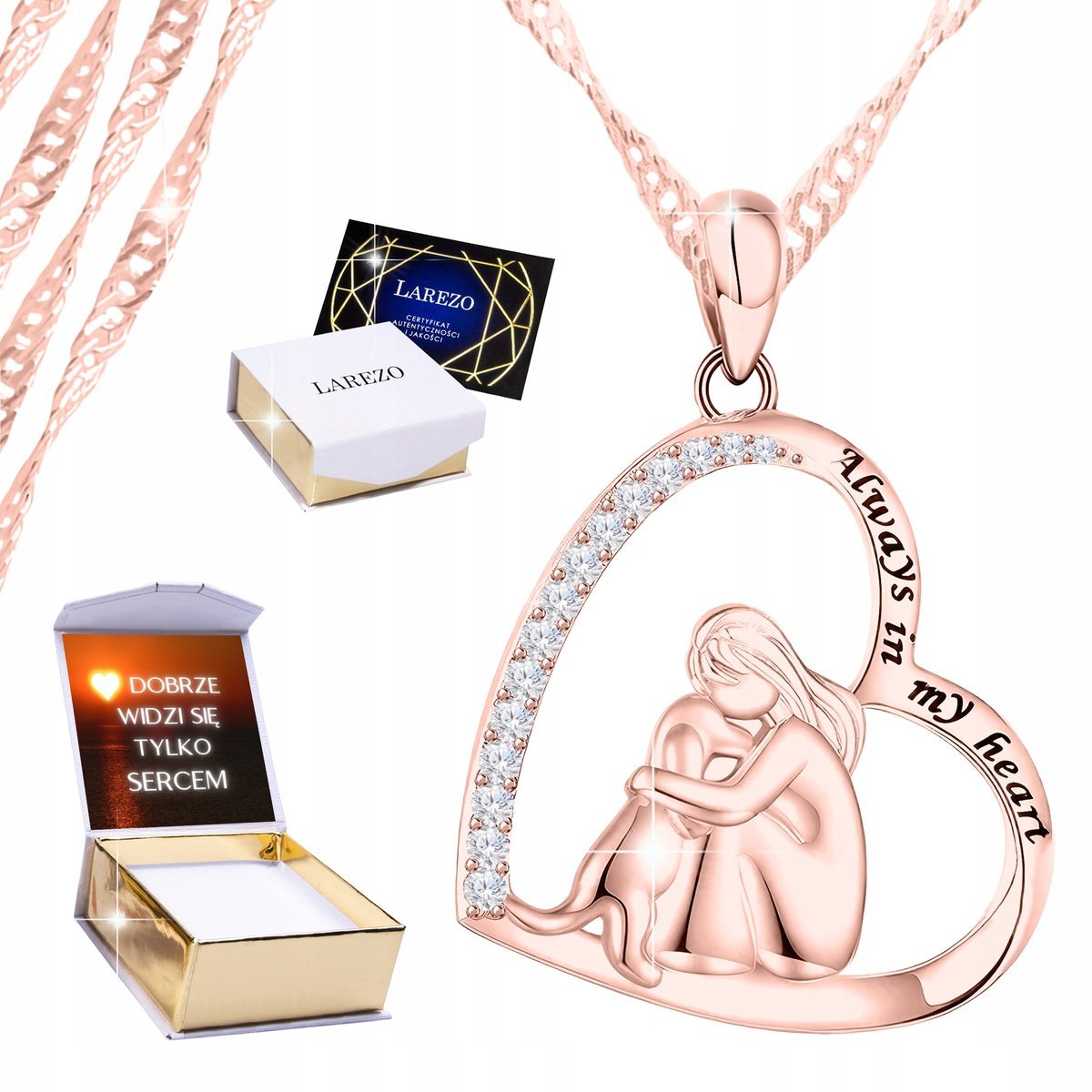 Różowy Naszyjnik 925 Dziewczyna z Psem Serce Always Heart bff Pies + NADRUK