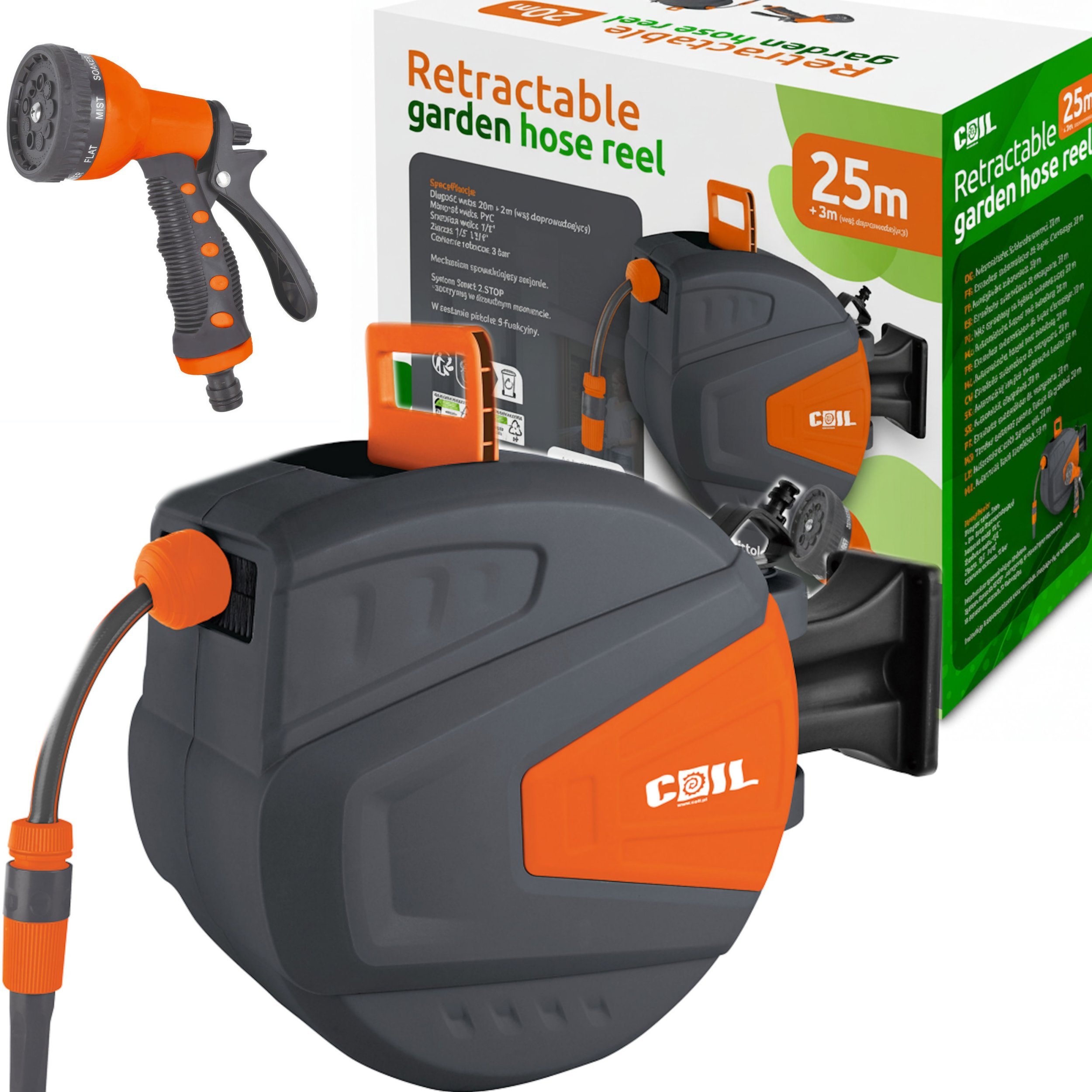 Coil wąż ogrodowy 25m bęben zwijacz pistolet zestaw