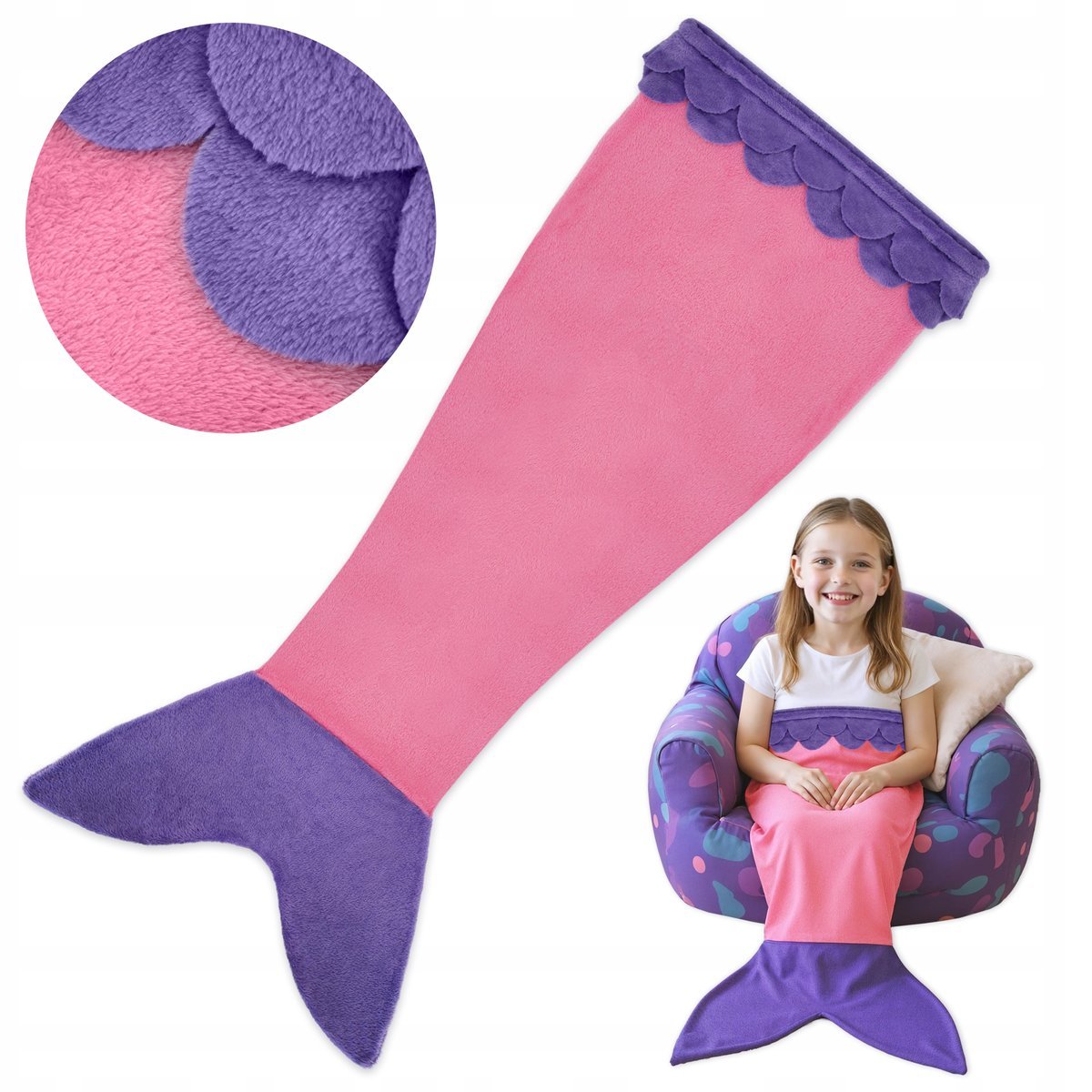 KOC KOCYK DLA DZIECKA OGON SYRENKI RÓŻOWY DLA DZIEWCZYNKI 145CM DWUKOLOROWY