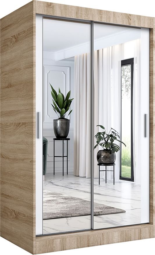 Elior Przesuwna szafa z lustrem dąb sonoma + biały 120 - Edna 3X