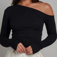 Swetry damskie - TEMU Damska Bluzka z Długim Rękawem - Asymetryczny Dekolt Łódka, Bezramienna/Jednoramienna, Dopasowana, Ciepła na Zimę, Czarna i Biała, Odporna na - miniaturka - grafika 1