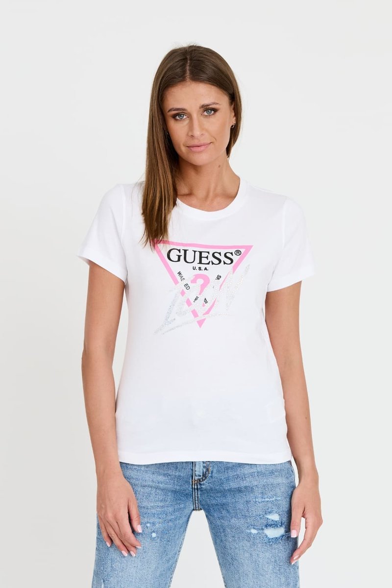 GUESS Biały damski T-shirt bawełniany Icon Tee M