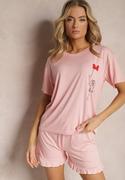 Piżamy damskie - Różowy Komplet Piżamowy Szorty Wykończone Falbanką i Koszula z Nadrukiem Tyrvea - miniaturka - grafika 1