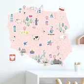 Wyposażenie pokoiku dziecięcego - Naklejka ścienna mapa Polski różowa - miniaturka - grafika 1