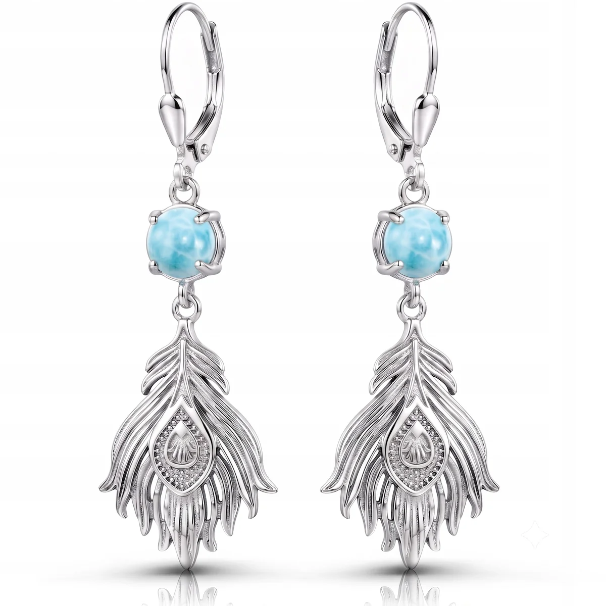 Srebrne kolczyki boho larimar pióra wiszące 925 kamień naturalny prezent