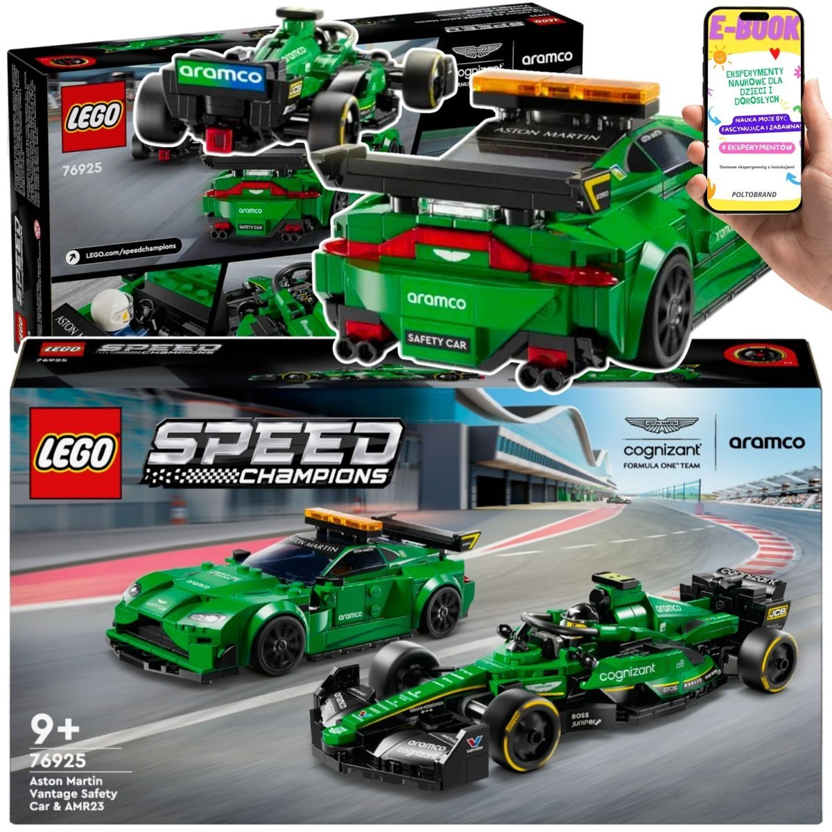 LEGO PREZENT AUTKA ZESTAW LEGO - LEGO Aston Martin F1 76925 – Samochód Wyścigowy + Safety Car Dwa Modele F1 PREZENT Dla Dzieci i Dorosłych + EBOOK
