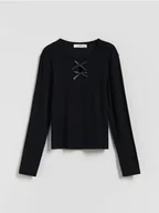 Bluzki dla dziewczynek - Reserved - Prążkowana koszulka z wiskozy - czarny - miniaturka - grafika 1