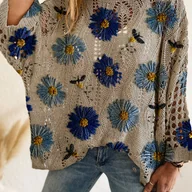 Swetry damskie - TEMU Stylowe ubrania na wiosnę i , luźny krój z jednym ramieniem i ażurowym motywem w kształcie diamentu, z wielokolorowym kwiatowym nadrukiem, długi - miniaturka - grafika 1