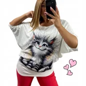 Bluzki damskie - SWETERKOWA BLUZKA DAMSKA kotek kot nietoperz luźna wygodna tunika 44 46 2XL - miniaturka - grafika 1
