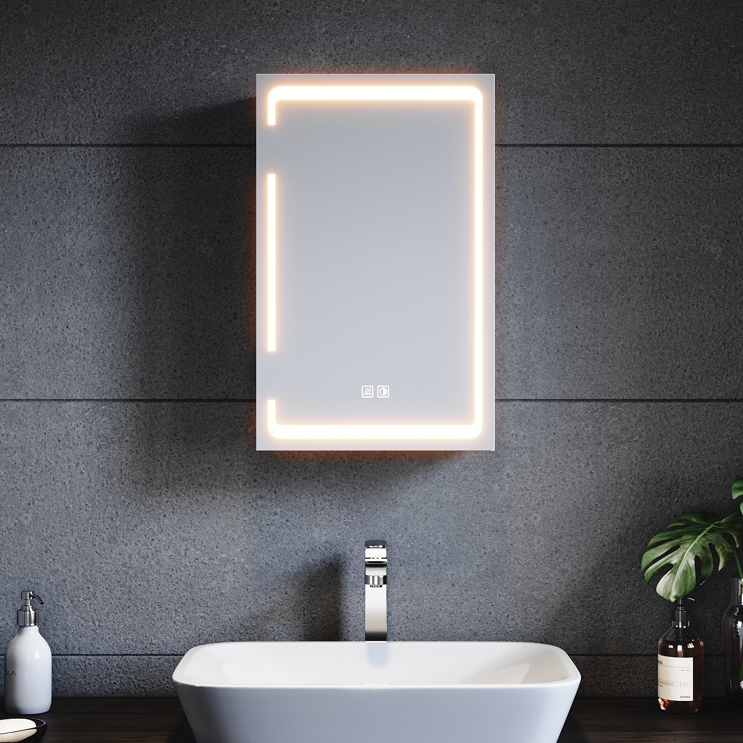 SONNI Metalowa szafka lustrzana z oświetleniem LED 38x60x14 cm, Ściemnialny przełącznik dwudotykowy, 1 drzwi, Bezprzewodowa konstrukcja zawiasów, Szafka ścienna, Szafka łazienkowa