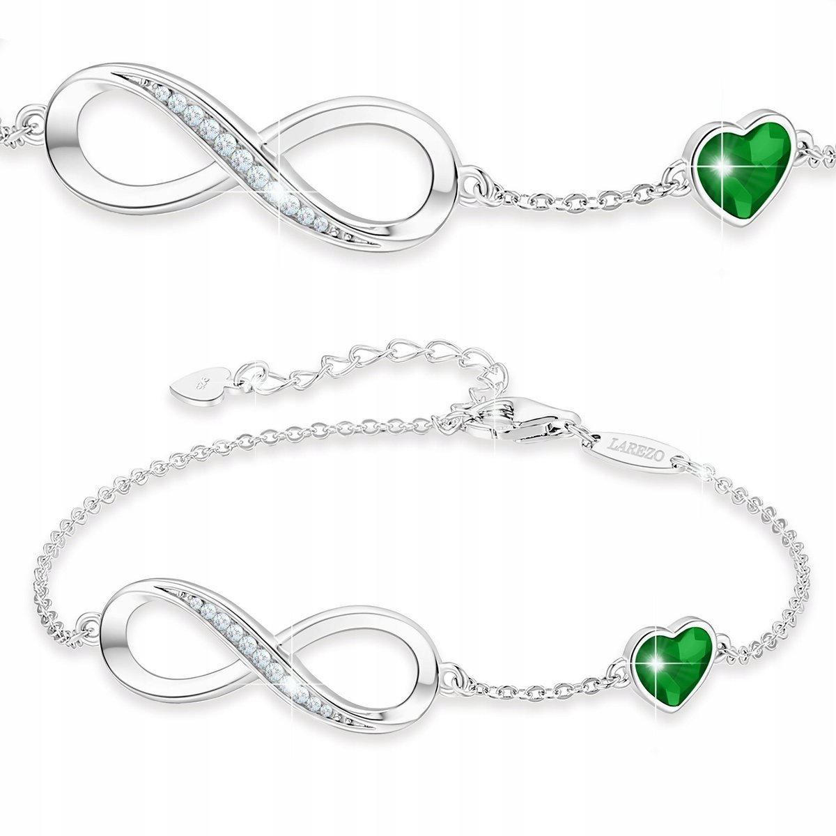 Bransoletka Srebrna Zielone Serce Nieskończoność z Cyrkoniami SREBRO 925
