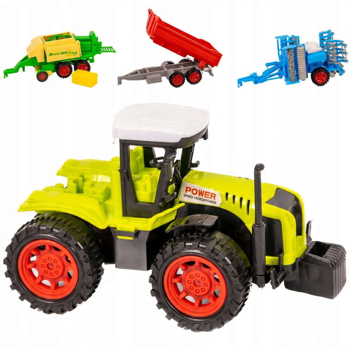 TRAKTOR Z PRZYCZEPAMI ZESTAW ROLNICZY TRAKTOR I 3 PRZYCZEPY DUŻY