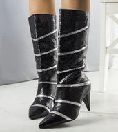 Botki damskie - Czarno srebrne ocieplane kozaki Nevzo na obcasie-37 - miniaturka - grafika 1