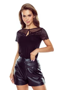 Bluzka damska z krótkim rękawem tiutelm i koronką Noemi Eldar czarna  L - Bluzki damskie - miniaturka - grafika 1