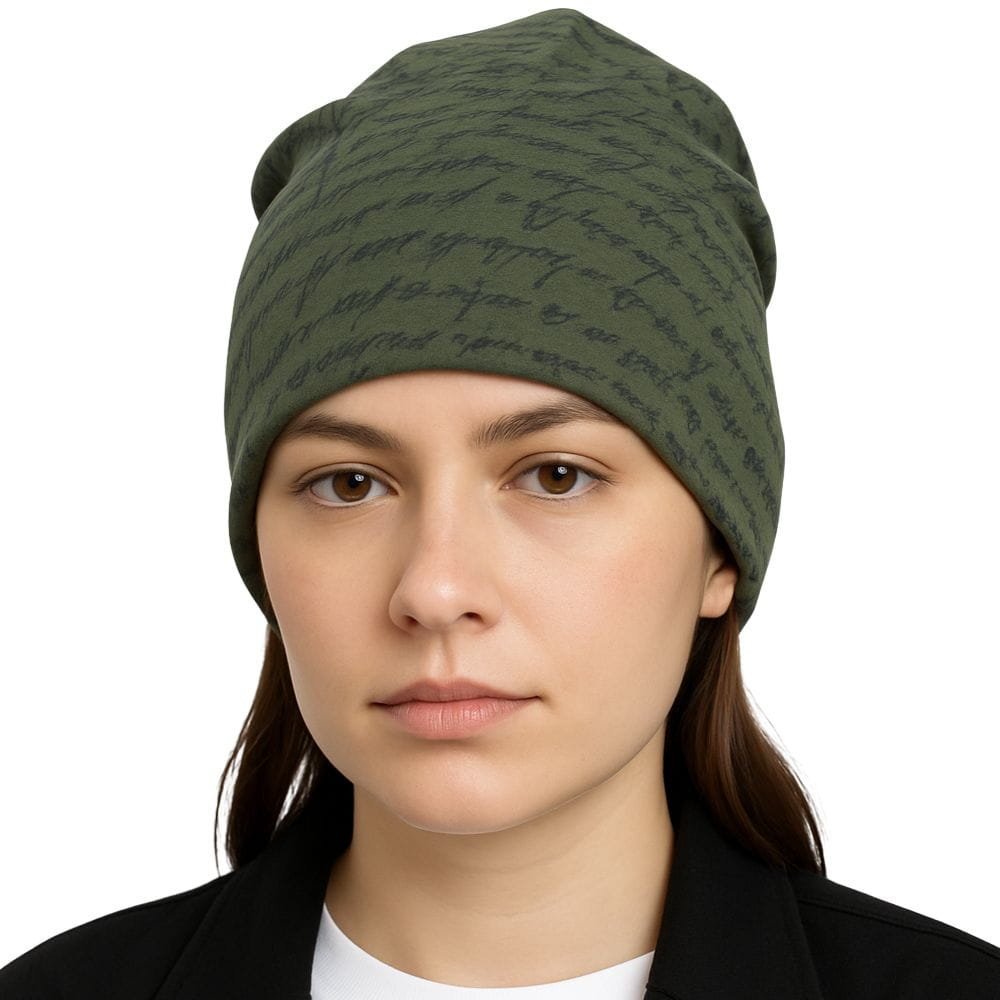 Czapka Damska Beanie Włoska Cienka Smerfetka Zielona W Granatowe Napisy