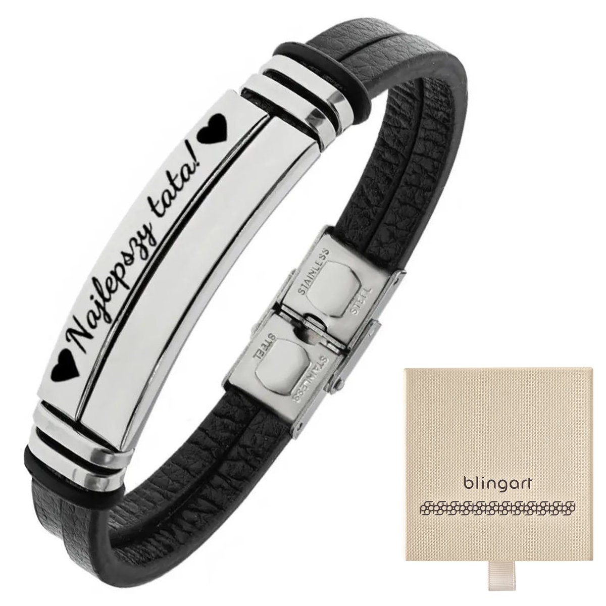 Bransoletka męska SKÓRZANA z grawerem srebrna stal