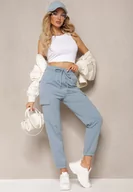 Spodnie damskie - Niebieskie Bawełniane Spodnie z Gumką w Talii w Sportowym Stylu Cargo Lofriena - miniaturka - grafika 1