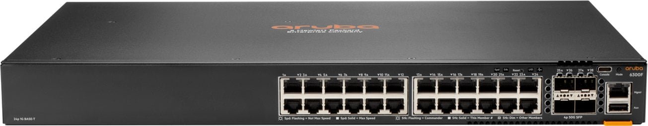 HPE Aruba 6300F - Switch - L3 - managed - 24 x 10/100/1000 + 4 x 1 Gigabit / 10 Gigabit / 25 Gigabit / 50 Gigabit SFP56 Uplink / Stacking - Front und Seite zu Hinterseite - an Rack montierbar JL668A#ABB
