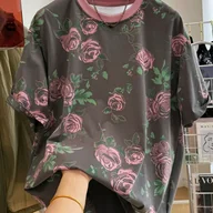 Bluzki damskie - TEMU Bluzka Damska z Kwiatowym Nadrukiem – Ciemnoszara z Różowymi Różami, Okrągły Dekolt, Krótki Rękaw, Nieprześwitująca Tkanina na Codzień i Na - miniaturka - grafika 1