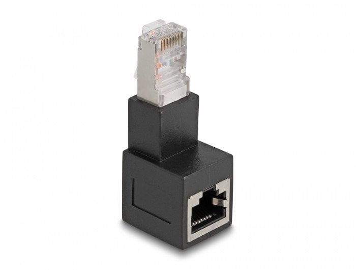 DeLOCK RJ45 plug to RJ45 jack Adapter Cat.6A 90° downwards angled, RJ45, Black, Male, Angled, Cat6a, Gold 87862