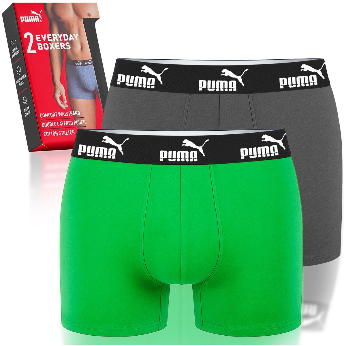 PUMA Bokserki Męskie 2 Sztuki Bawełna Zielone Grey Green Logo Rozmiar L