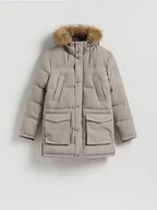 Kurtki męskie - Reserved - Pikowana parka z kapturem - beżowy - miniaturka - grafika 1